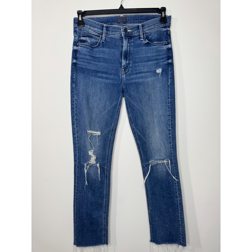Mother Mid Rise Dazzler Ankle Fray Jeans Weekend Warrior Distressed Blue 28